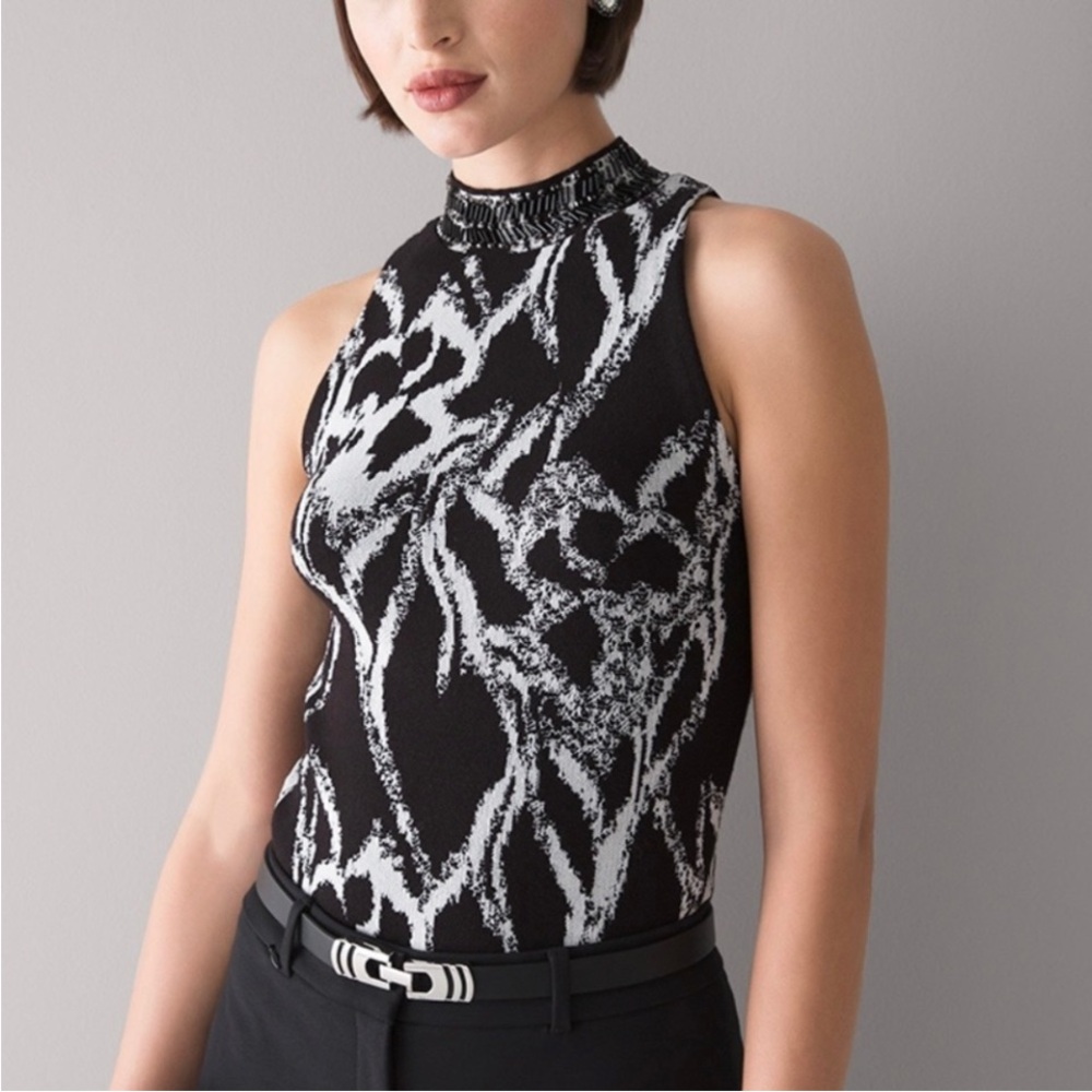 WHBM Sleeveless Mock Neck Printed Knit Top with Beated Detail- Black/White